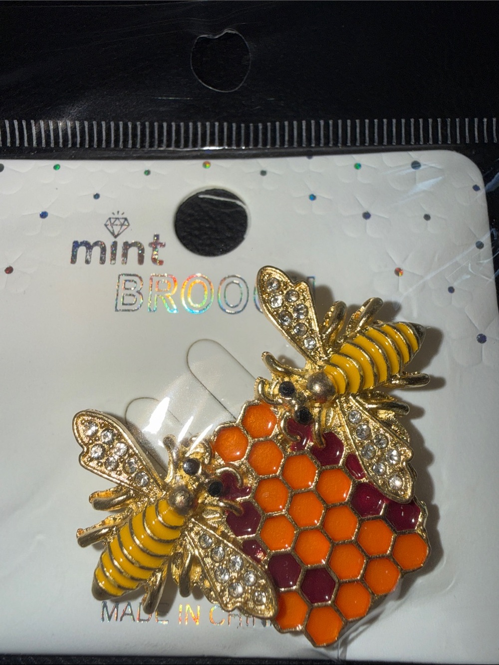Gold Bee & Honeycomb Brooch - Yellow, Orange